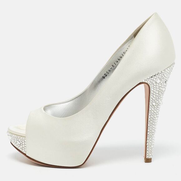 Gina White Satin Jenna Crystal Embellished Heel Open Toe Platform Pumps Size